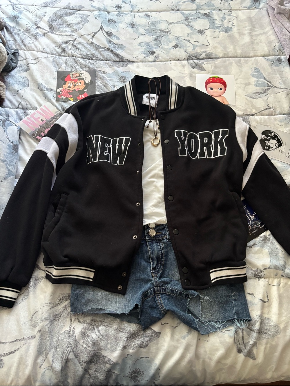 Miss Selfie • Black 'New York' Varsity Jacket with White Accents